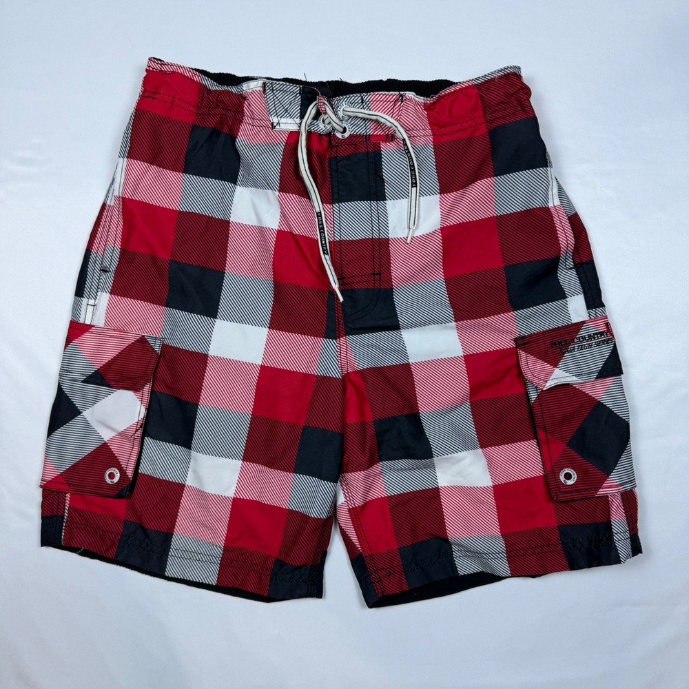Free‎ Country Swim Trunks Mens Medium Red Plaid Aqua Tech Cargo Board Shorts